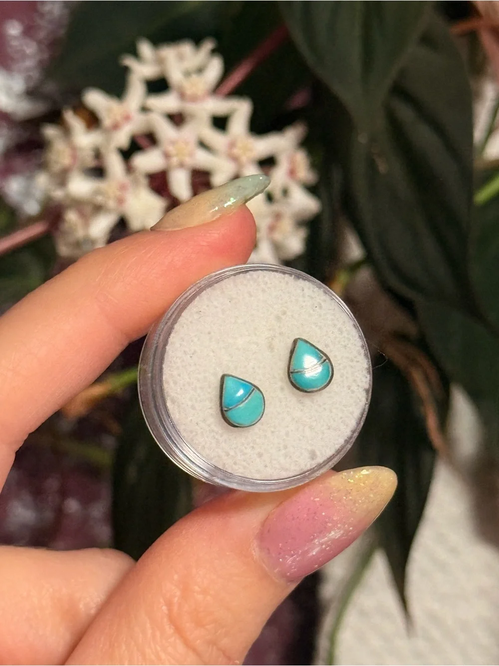 Vintage Zuni-Style Teardrop Turquoise Channel Inlay Sterling Silver Earrings - Picture 1 of 7
